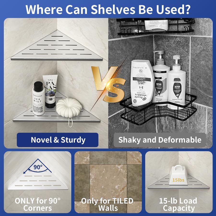 Miniatura 4 de Bernkot Estante de Esquina para Ducha de 10" Acero Inoxidable 304 Cepillado Diseño de Ranura Estante de Esquina Empotrado para Baño que se Instala