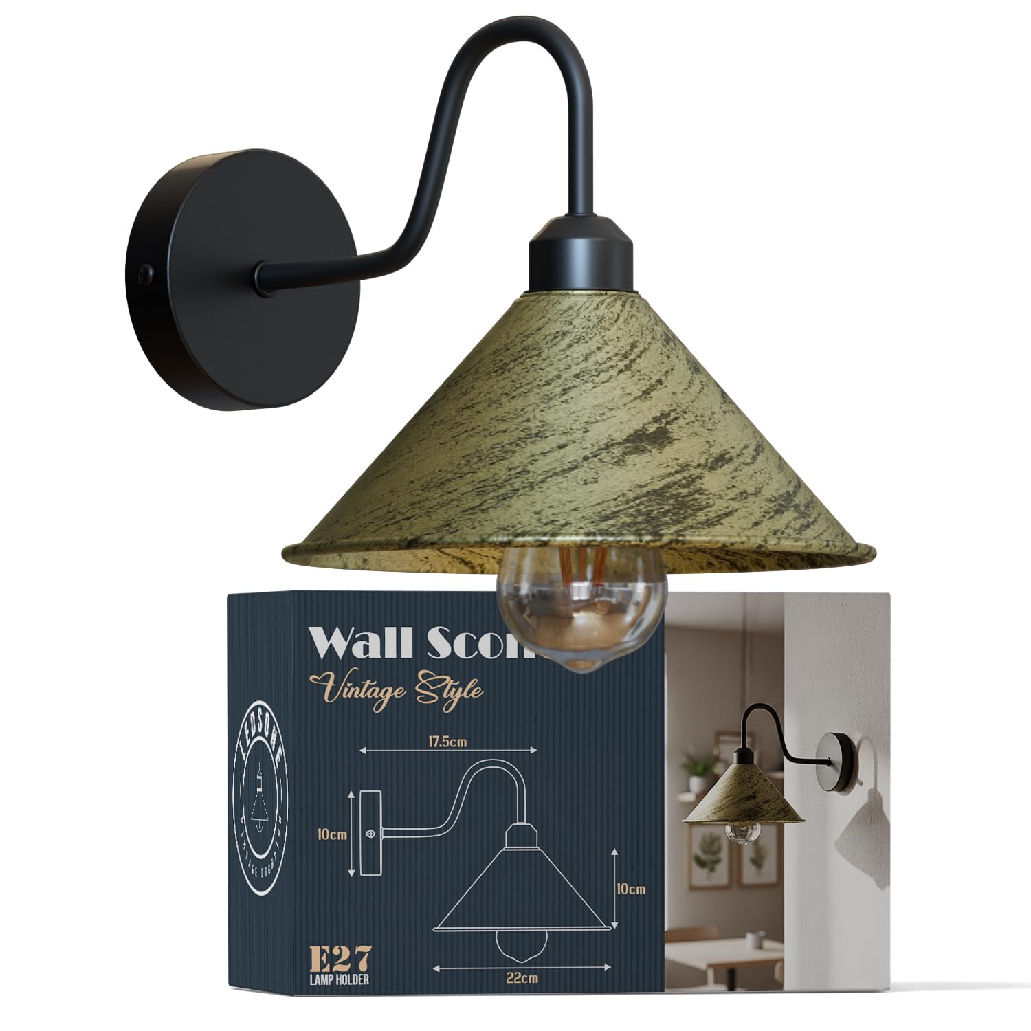 Led Wall Lights Indoor Modern Brushed Brass 22cm Cone Shaped Shade Swan Neck Led Sconce Fittings Not Battery Operated Wall Lamp for Living Room, Bedroom, Hallway