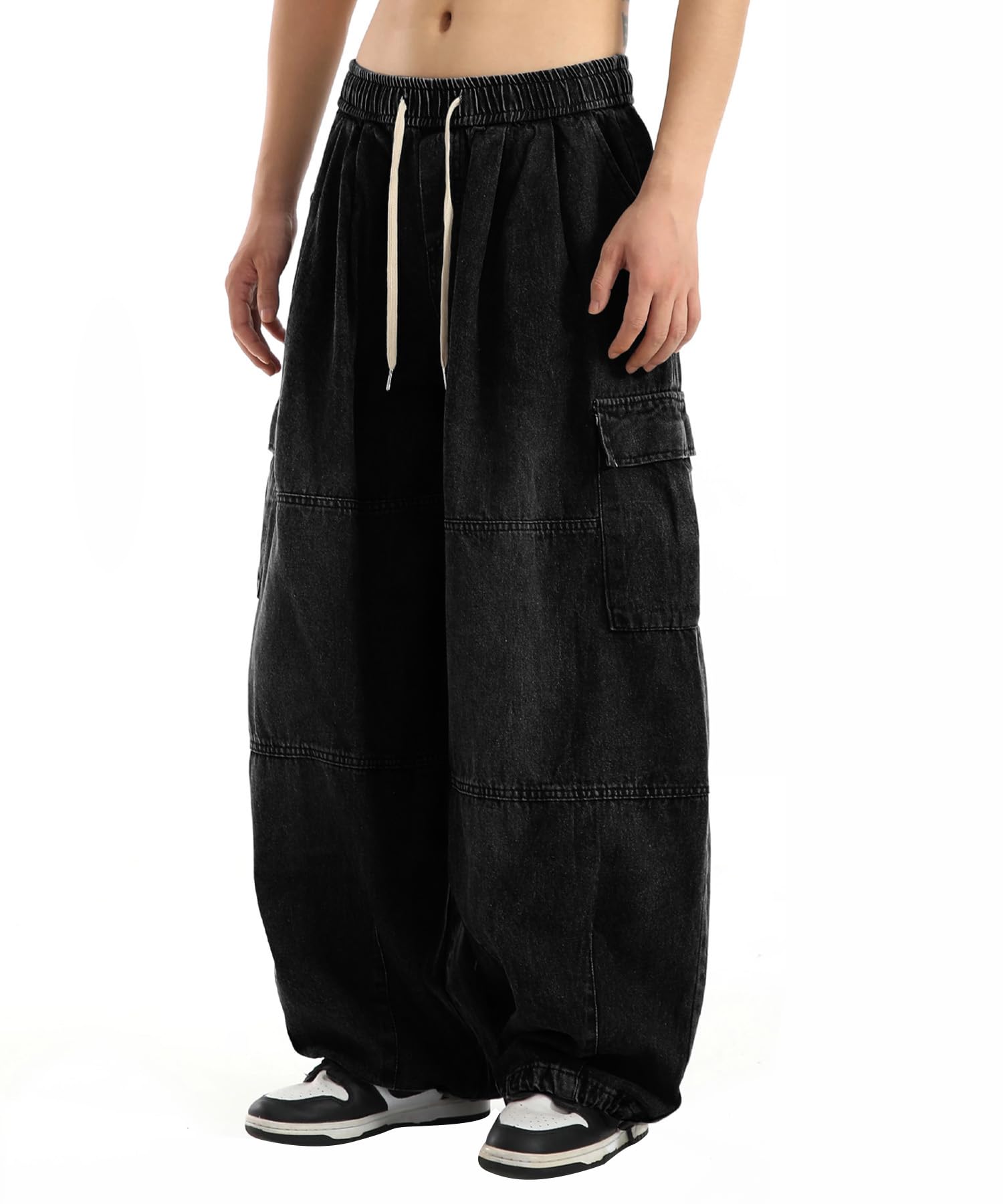 Bakyarder Men's Vintage Washed Cargo Jeans, High Waist, Baggy Wide Leg, Unisex Streetwear with Multiple Pockets