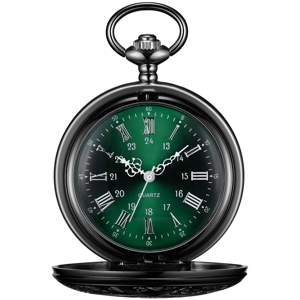 BOSHIYA Vintage Herren Taschenuhr mit Kette Einzigartiges Blau/Grün Römischen Ziffern Zifferblatt Analog Quarz Taschenuhr für Herren Schwarz/Silber