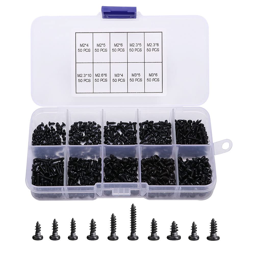 VooGenzek 500 PCS M2 M2.3 M2.6 M3 Cross Head Self Tapping Screws, Pan Head Micro Screws, for Plastic Wood Soft Metal (Black Miniature)