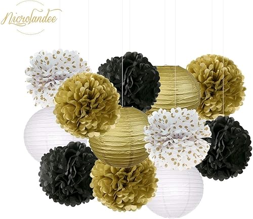 Miniatura 4 de NICROLANDEE Decoraciones de fiesta de oro negro – 28 pompones de papel de seda negro dorado para colgar faroles de papel colgantes con borlas para