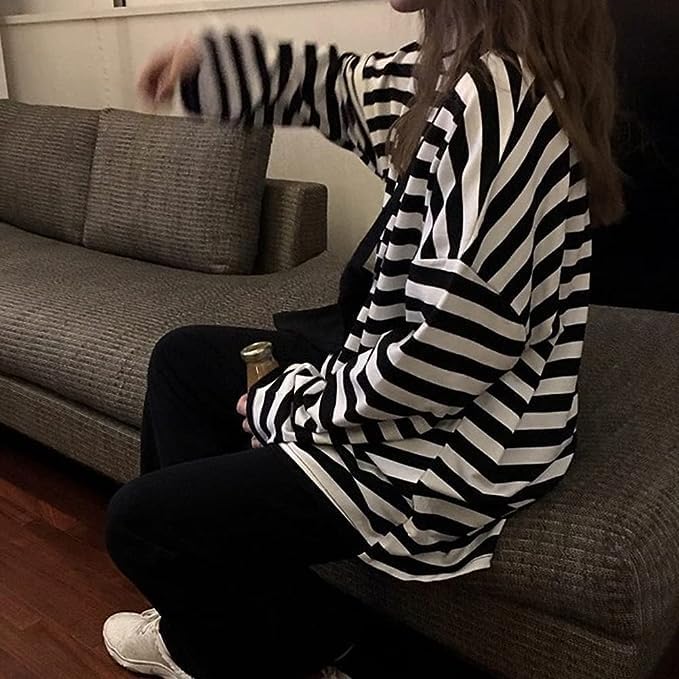 Chvity Womens Harajuku Long Sleeve Oversized T Shirts for Women Casual Crewneck Color Block Stripe Tops - Image 2