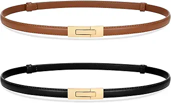SANSTHS 2 Pack Thin Ladies Waist Belt for Dresses Jeans Pants, Skinny Womens Belt with Antique Gold Buckle