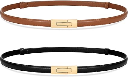 SANSTHS 2 Pack Thin Ladies Waist Belt for Dresses Jeans Pants, Skinny Womens Belt with Antique Gold Buckle