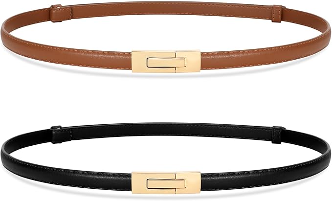 SANSTHS 2 Pack Thin Ladies Waist Belt for Dresses Jeans Pants, Skinny Womens Belt with Antique Gold Buckle