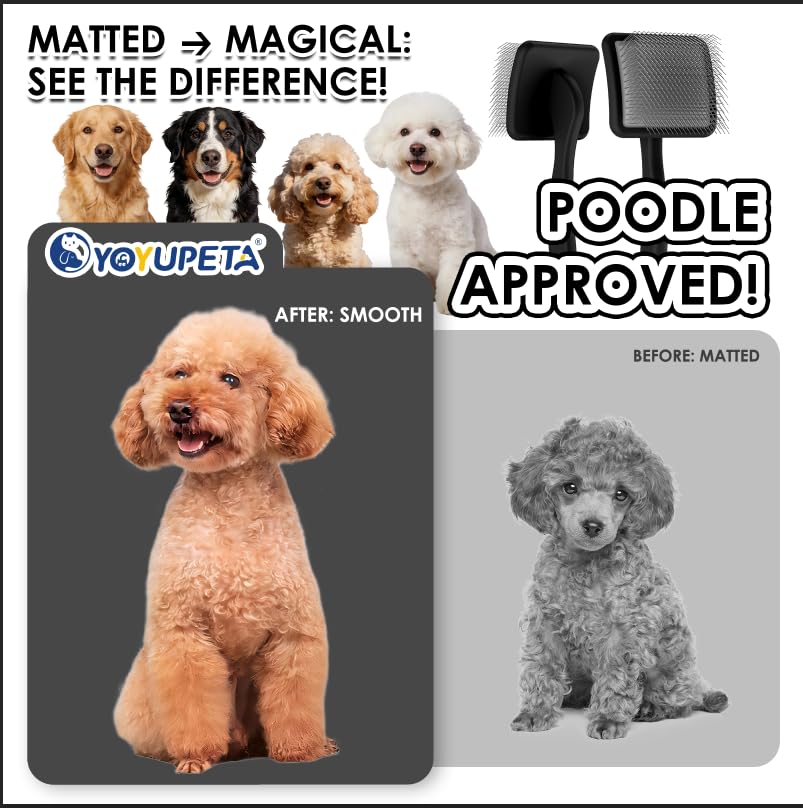 Image of Large Dog 3 in 1 Grooming Kit, Extra Long Pin Slicker Brush, Black | Ideal for Goldendoodles, Doodles; premium wooden handle; dog undercoat rake; removing thick mats; tangle deshedding.