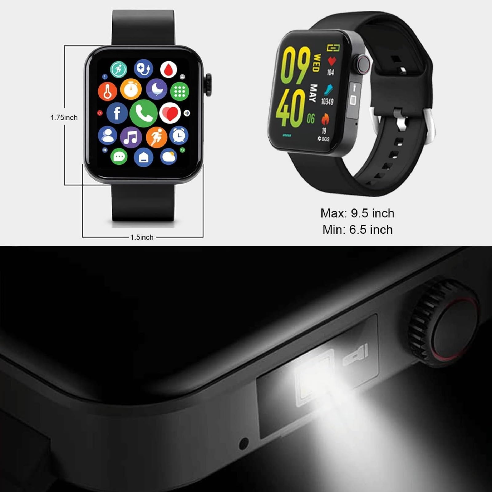 Life Watch Smart Heart Rate Blood Oxygen Body Temperature Sleep Monitor Fitness Steps Tracker Wireless Voice Call iOS & Android Compatibile IP67 Impermeabile 6 Modalità Sport Fitness & Flash Light-