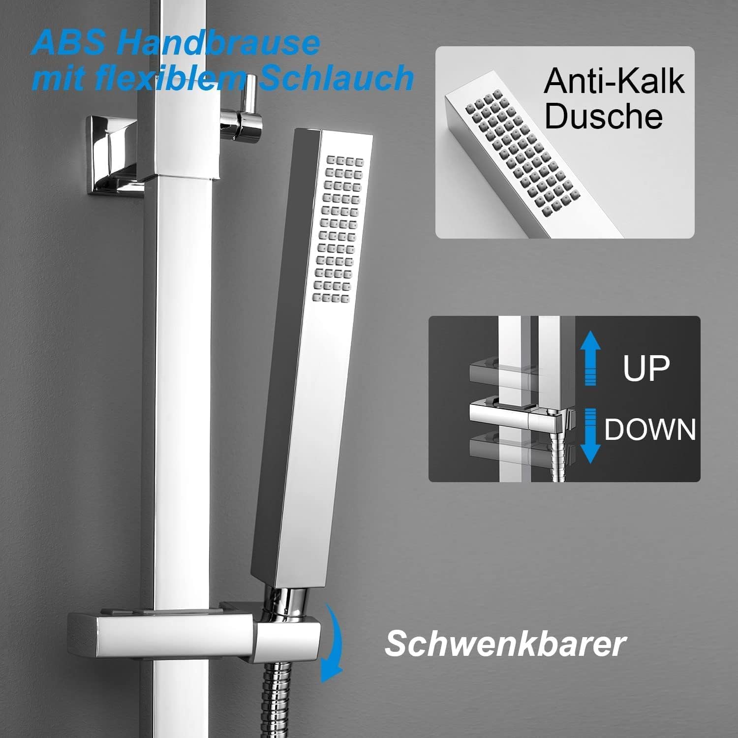 YOOZENA Duscharmatur mit thermostat, Duscharmatur Komplettset (Duschsystem - 25 X 25 CM Kopfbrause aus Edelstahl 304 - Duschkopf mit Schlauch und Halterung) Eckig regendusche mit armatur, Chrom