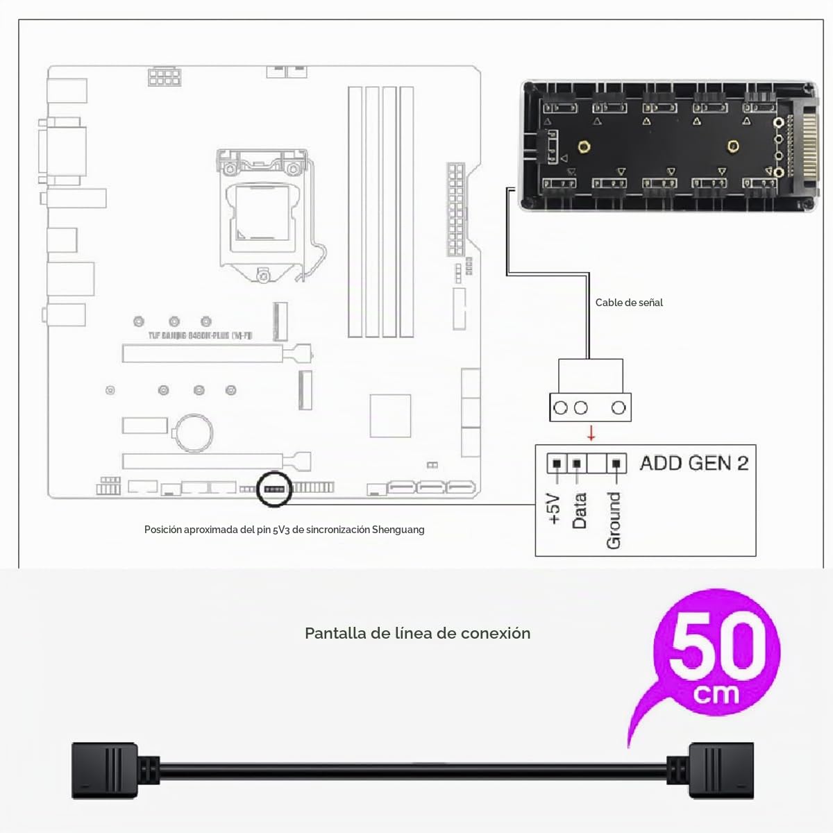DollaTek Hub de ventilador de PC de 5 V y 3 pines RGB de 10 puertos con cable de extensión de 3 pines para tiras de luz LED RGB