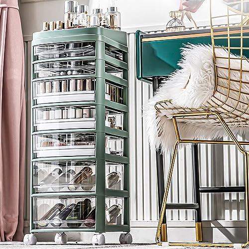 Armadietto per cosmetici trasparente multistrato con rotelle, alto autoportante, per bagno, soggiorno e camera da letto, eleganti ripiani per trucco e accessori