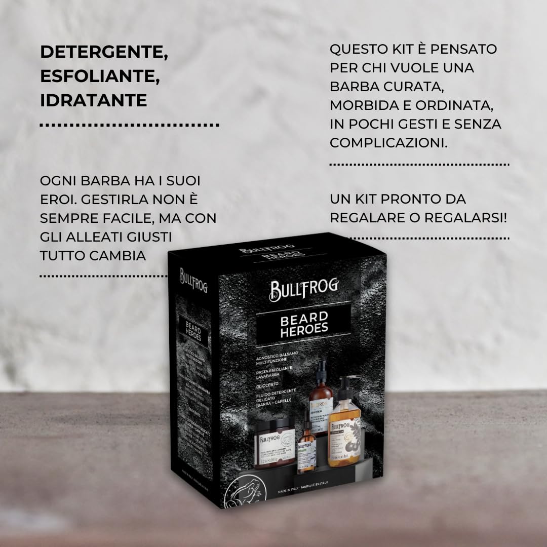 Bullfrog - Kit Beard Heroes, Agnostico Balsamo Multifunzione Originale 100ml, Pasta Esfoliante Lavabarba 100ml, Oliocento 50ml, Fluido Detergente Delicato 250ml