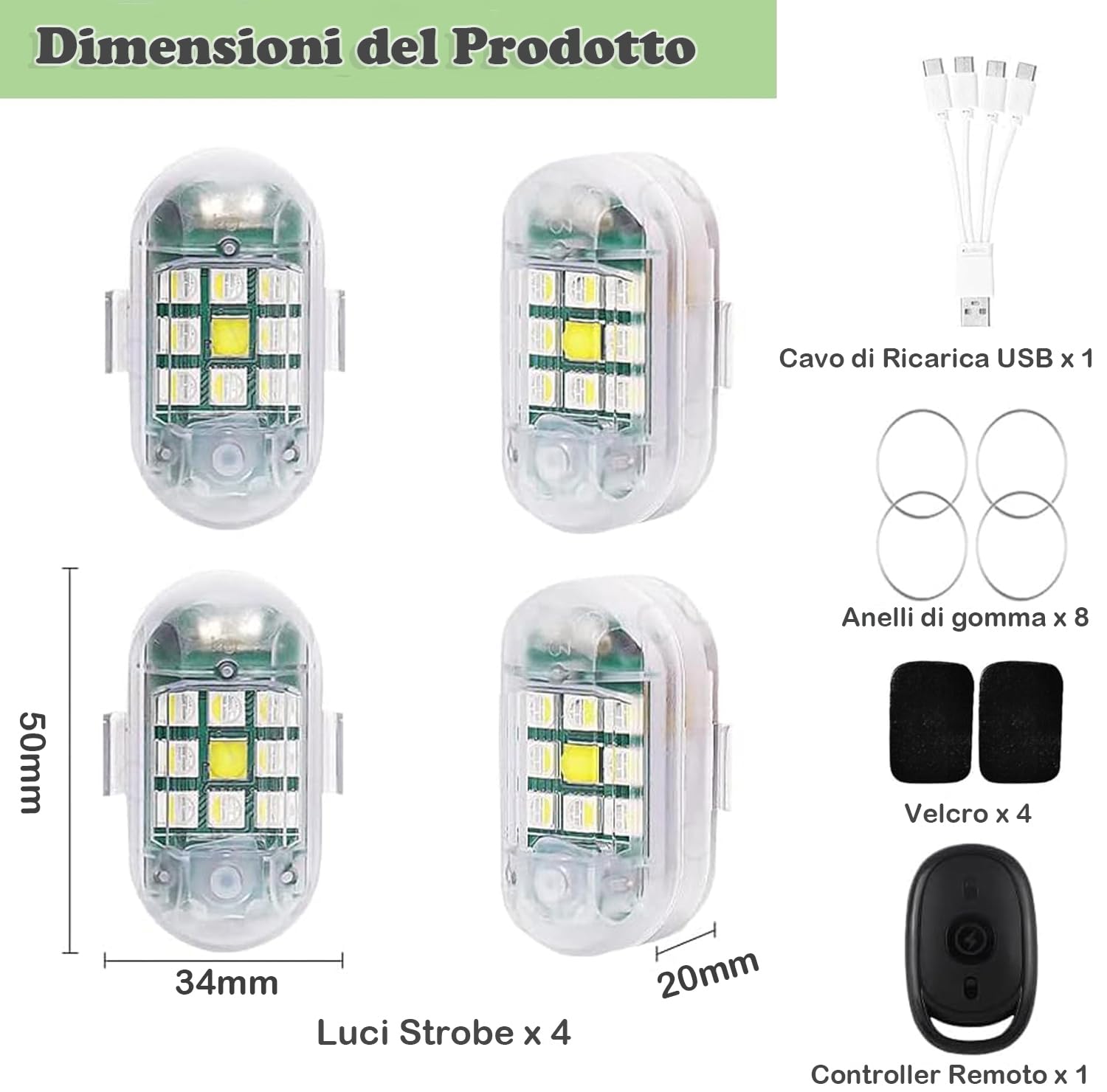 4 Luci Strobe LED Wireless con Telecomando - 7 Colori, Alta Luminosità, Ricaricabili USB, per Auto, Moto, Drone