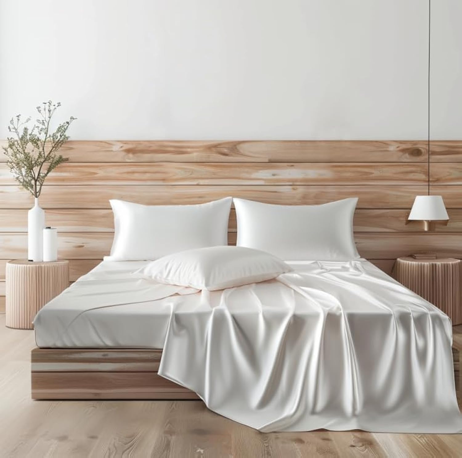 Candoury Satin Sheets Bed Set 4 Pcs, King Size Silky Bedding Set, Soft and Durable Pillowcase, Flat Sheet and Fitted Sheet, Hotel Luxury Bed Sheets Set(King, Ivory)