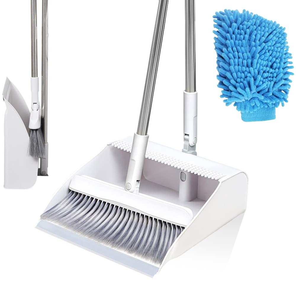 Foldable Broom And Dustpan Set Non-Stick Hair Sweeper Standing Broom Dustpan Stainless Steel Handle + Microfiber Cleaning Towel Gloves