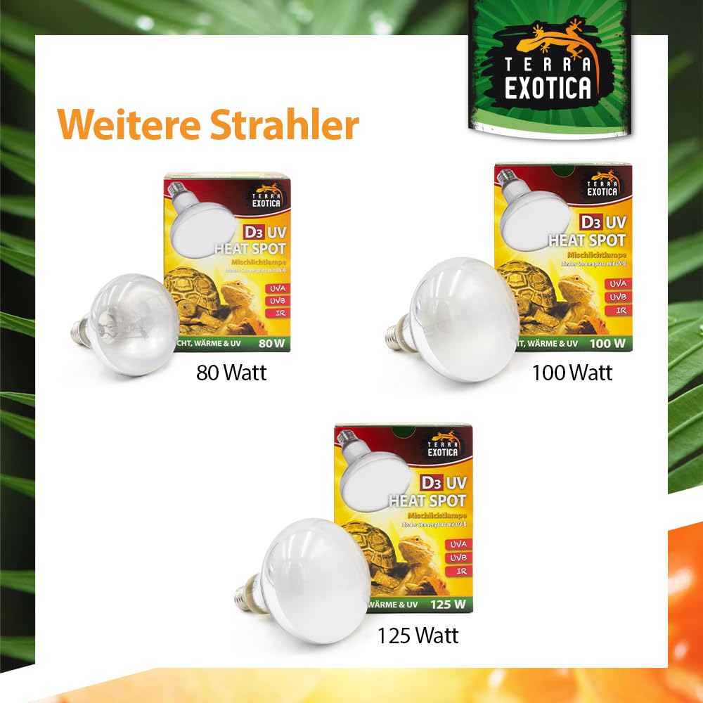 Terra Exotica D3 UV Heat Spot 80 Watt - in 80, 100 und 125 Watt erhältlich - UVB UVA Wärmelampe für Reptilien Sonnenlicht simulierte Förderung der D3-Synthese (80 Watt)