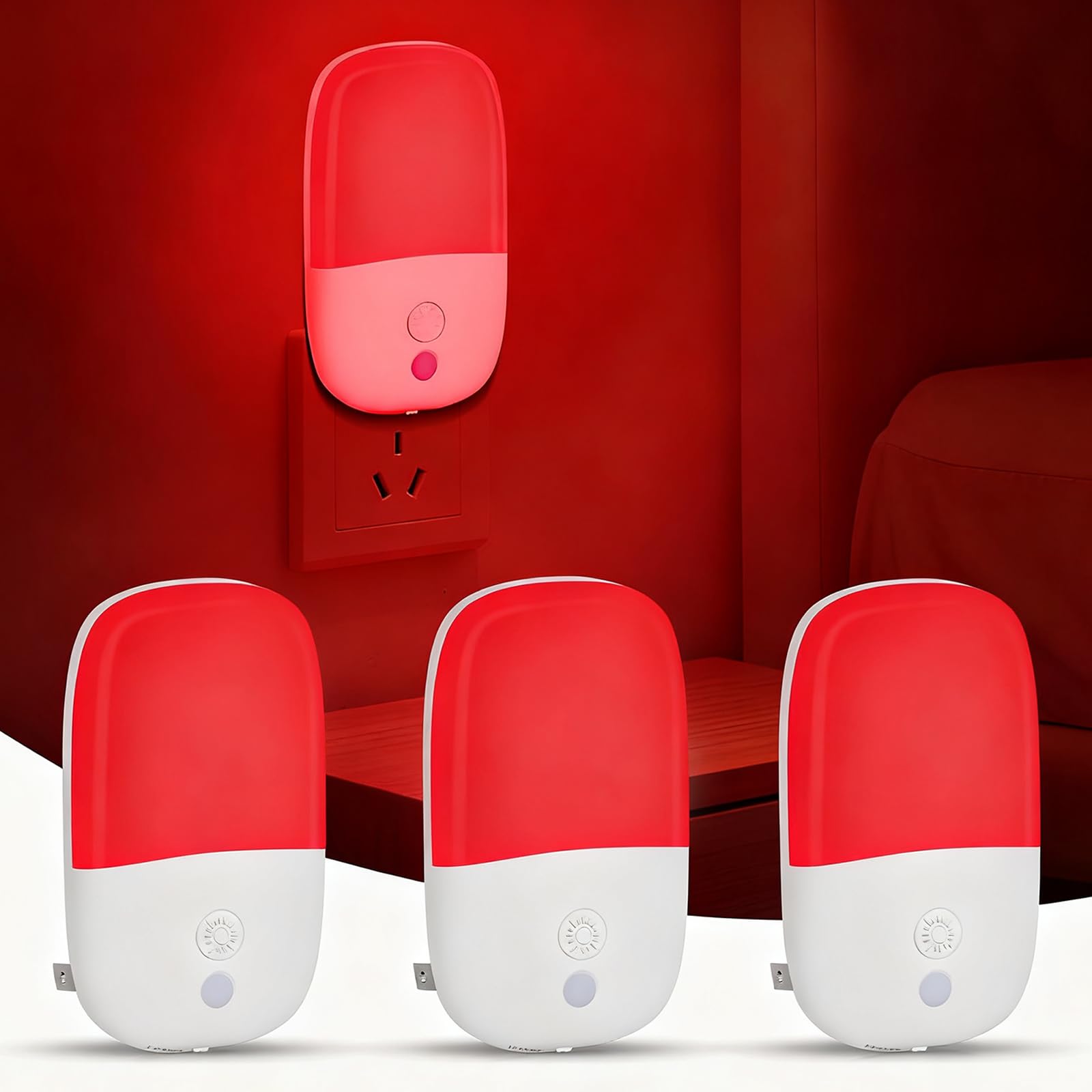 670nm Red Light Night Light for Sleep Therapy 3 Pack Auto On Off Dimmable Night Light with Dusk