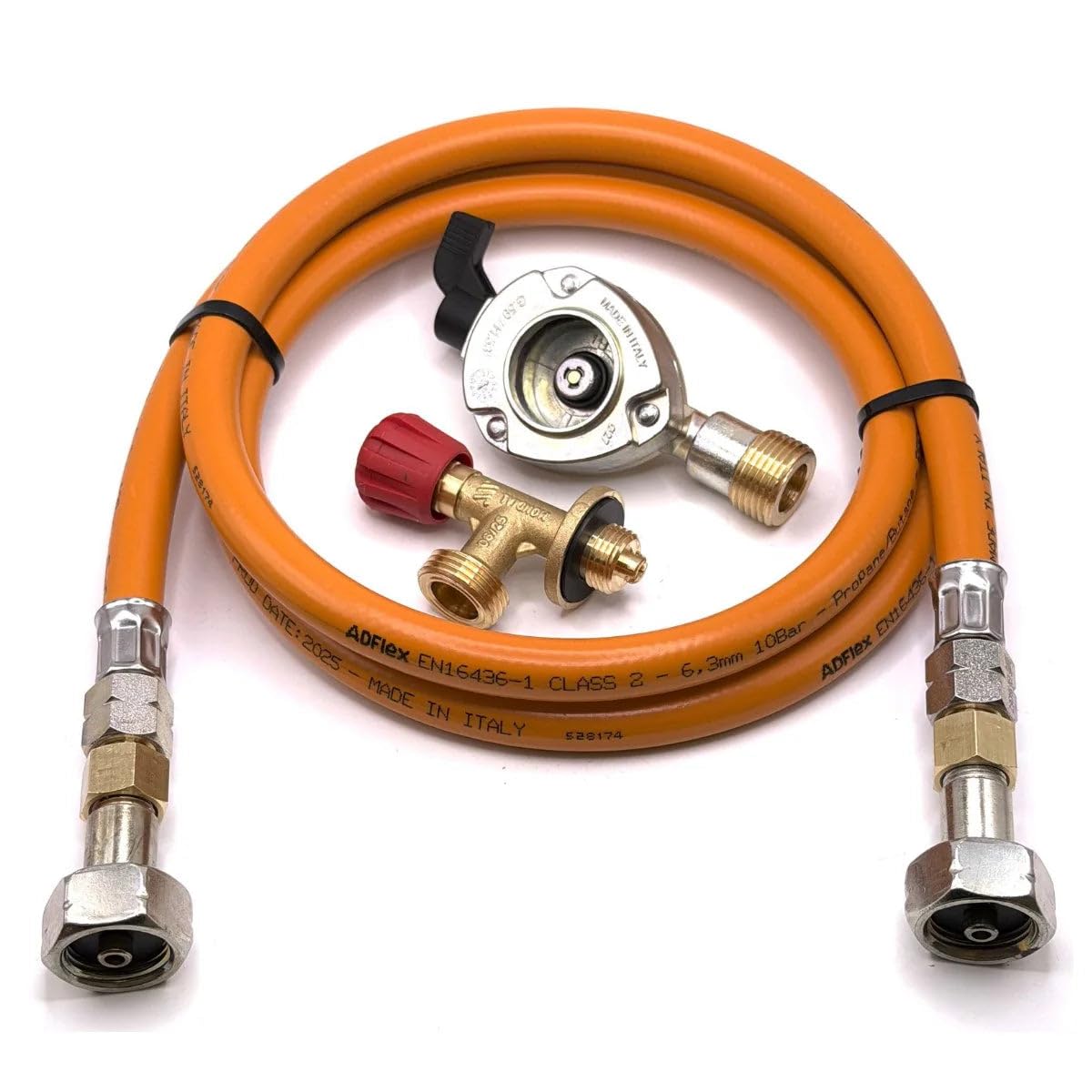 LPG Hochdruck-Gasschlauch-Set orange 80cm - 27mm Clip-On Gasflaschenadapter und 16mm Camping Gasabsperrventil
