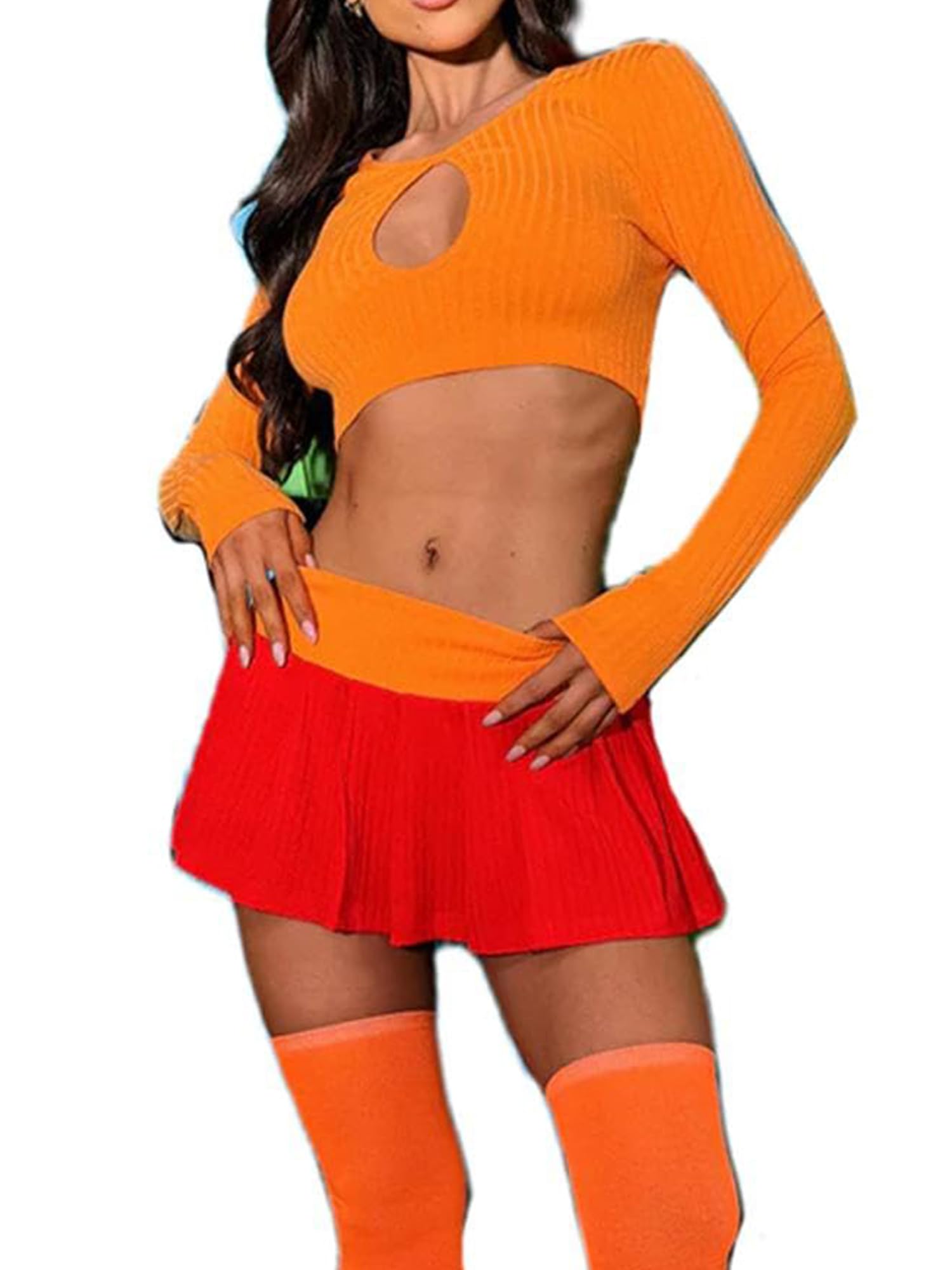 Women Halloween Velma and Daphne Cosplay Costume Long Sleeve Crop Top and Mini Skirt with Stockings/Scarf Outfit Set (A Orange, XL)