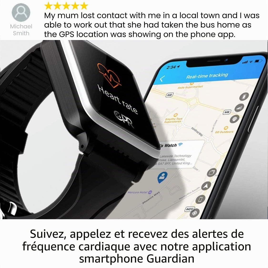 CPR Guardian II - Montre connectée pour Seniors Téléassistance - « Protégez Vos Proches âgés Tout en préservant Leur indépendance »…, Noire
