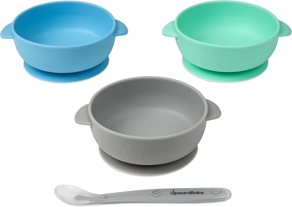 UpwardBaby Silicone Baby Bowls with Suction Set - Strong Suction Design for Toddlers 1-3, Easy-Grip Baby Spoon for Self-Feeding, BPA Free Feeding Bowls, 4-Piece Set