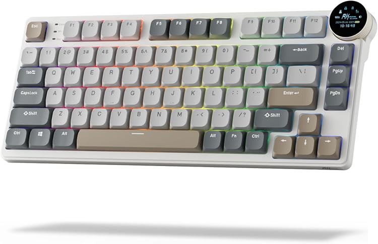 RK ROYAL KLUDGE N80 Low-Profile Mechanical Keyboard with Display, Knob, Tri-Mode Wireless, RGB, 75% Top-Mount, Retro Grey