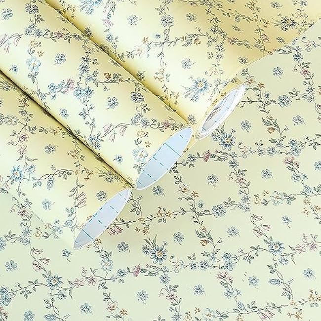 Self Adhesive Yellow Floral Shelf Liner Contact Paper for Dresser Cabinets Walls Backsplash Furniture Decal 17.7x117 Inches