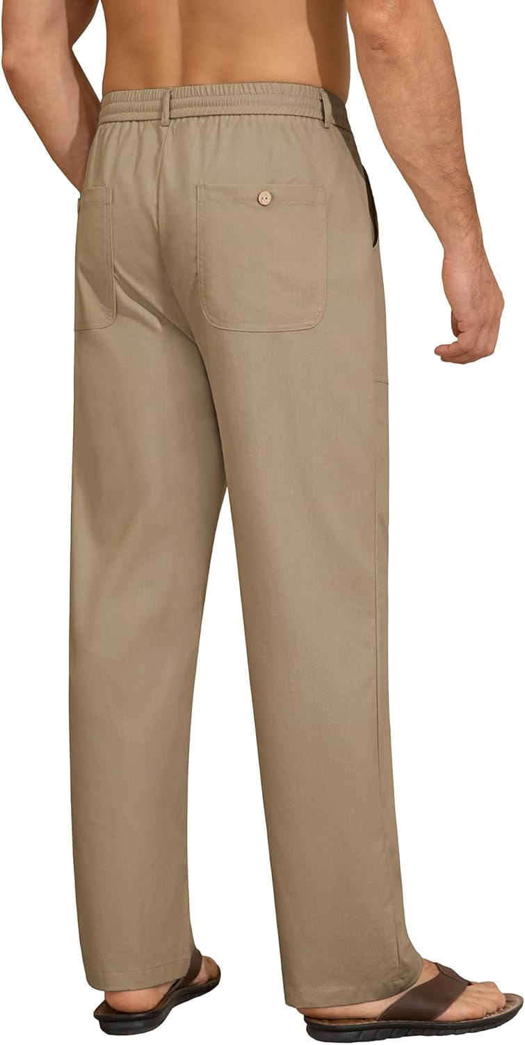 Mens Linen Pants Casual Elastic Waist Drawstring Pants Loose Straight Linen Pant Beach Trousers with 4 Pockets - Image 4