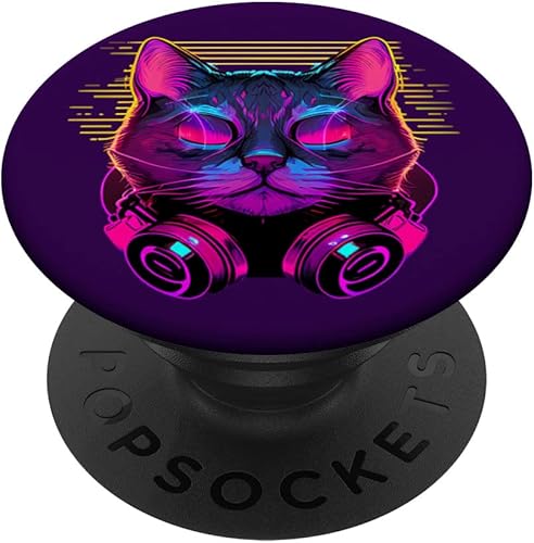 Synthwave Cyberdelic - Auriculares de DJ de gato de los años 80, arte cibernético, punk, PopSockets intercambiables PopGrip