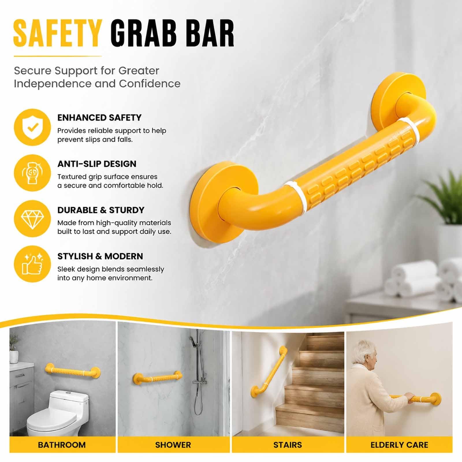 Barra De Apoyo Recta De Pared con Textura Antideslizante En Relieve, Asa De Apoyo Auxiliar para Interiores, Ideal para Personas Mayores En La Ducha O El Baño.(White,48cm)