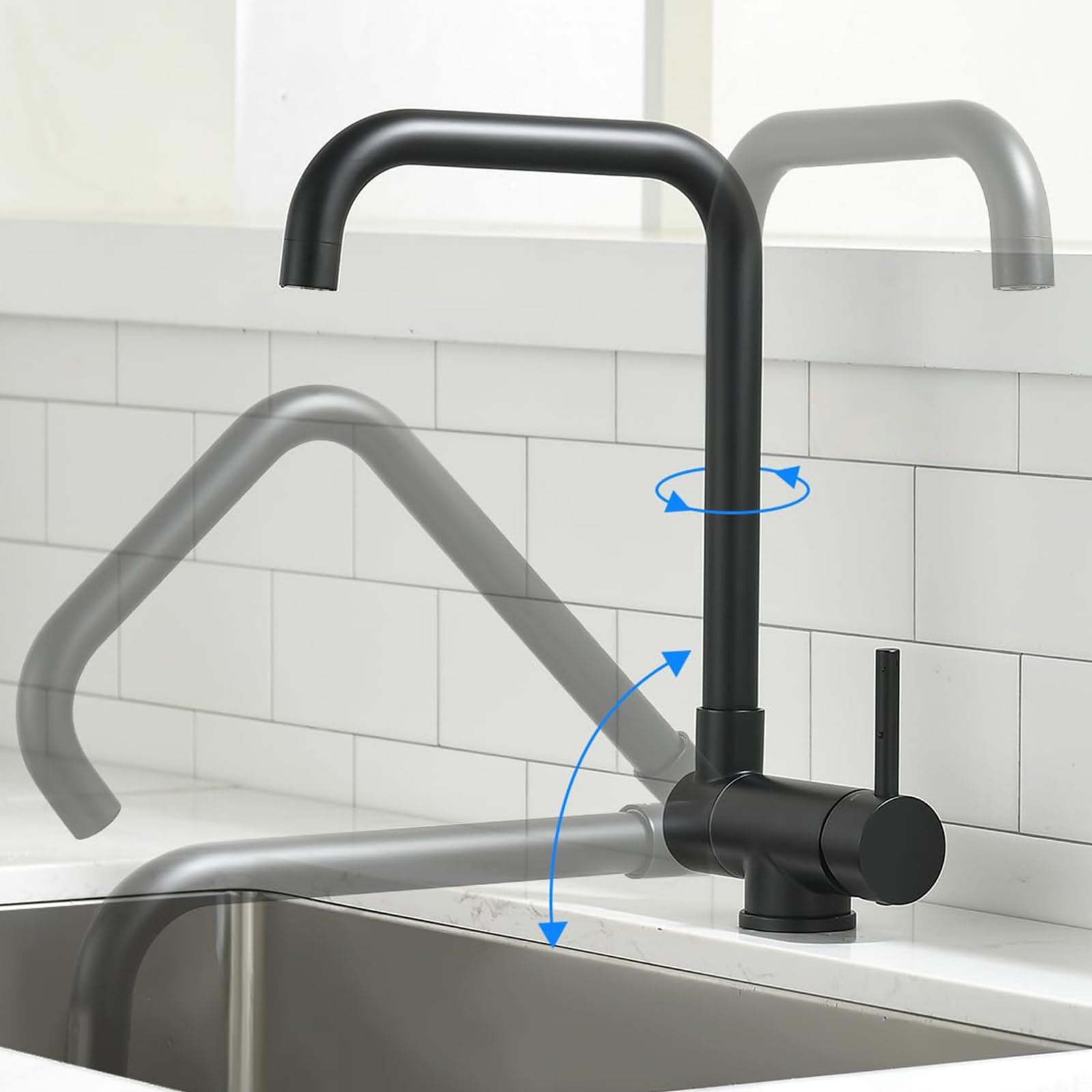 AIMADI Wasserhahn Küche für Unter Fensterbank,Küchenarmatur Klappbar & 360° Drehbar, Vorfenster Einhebel Armatur für Küchenspüle,Schwarz