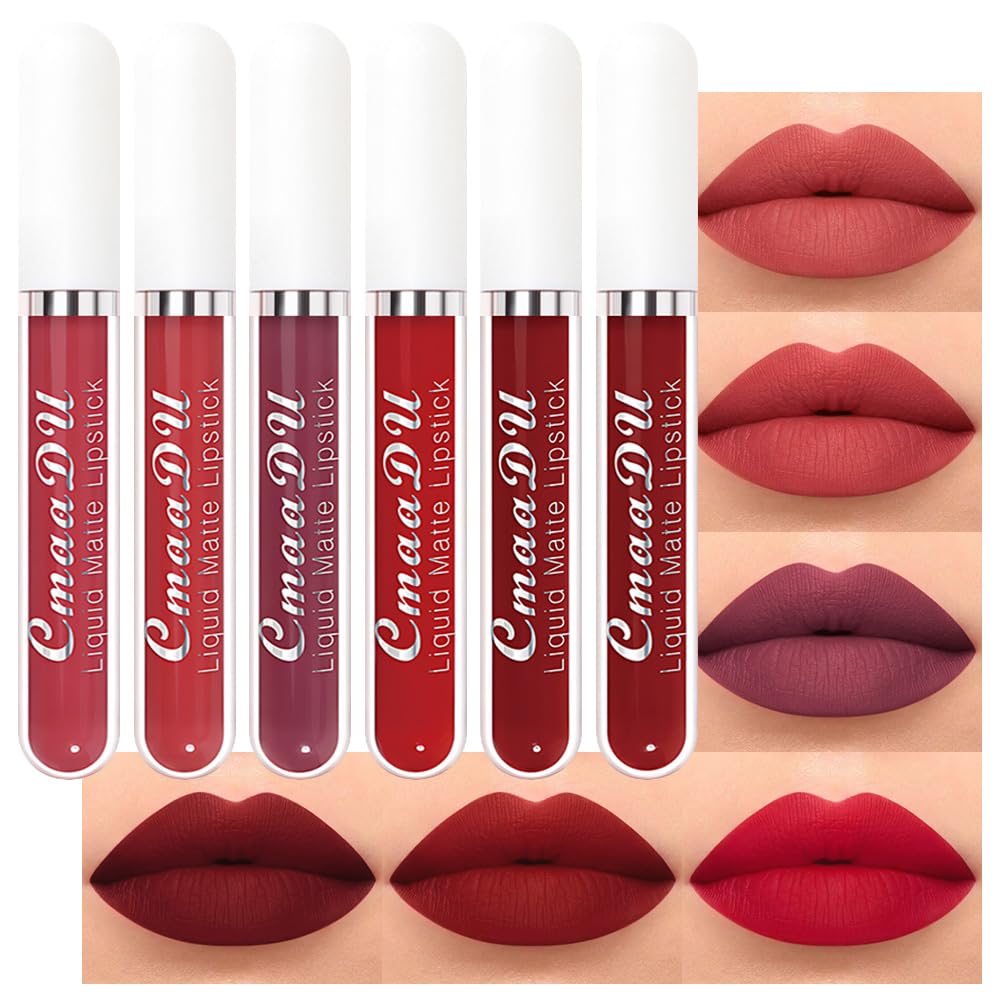evpct 6Pcs Lipstick Matte Liquid Lipstick Lipgloss Set for Women, Dark Deep Bright Ruby S…