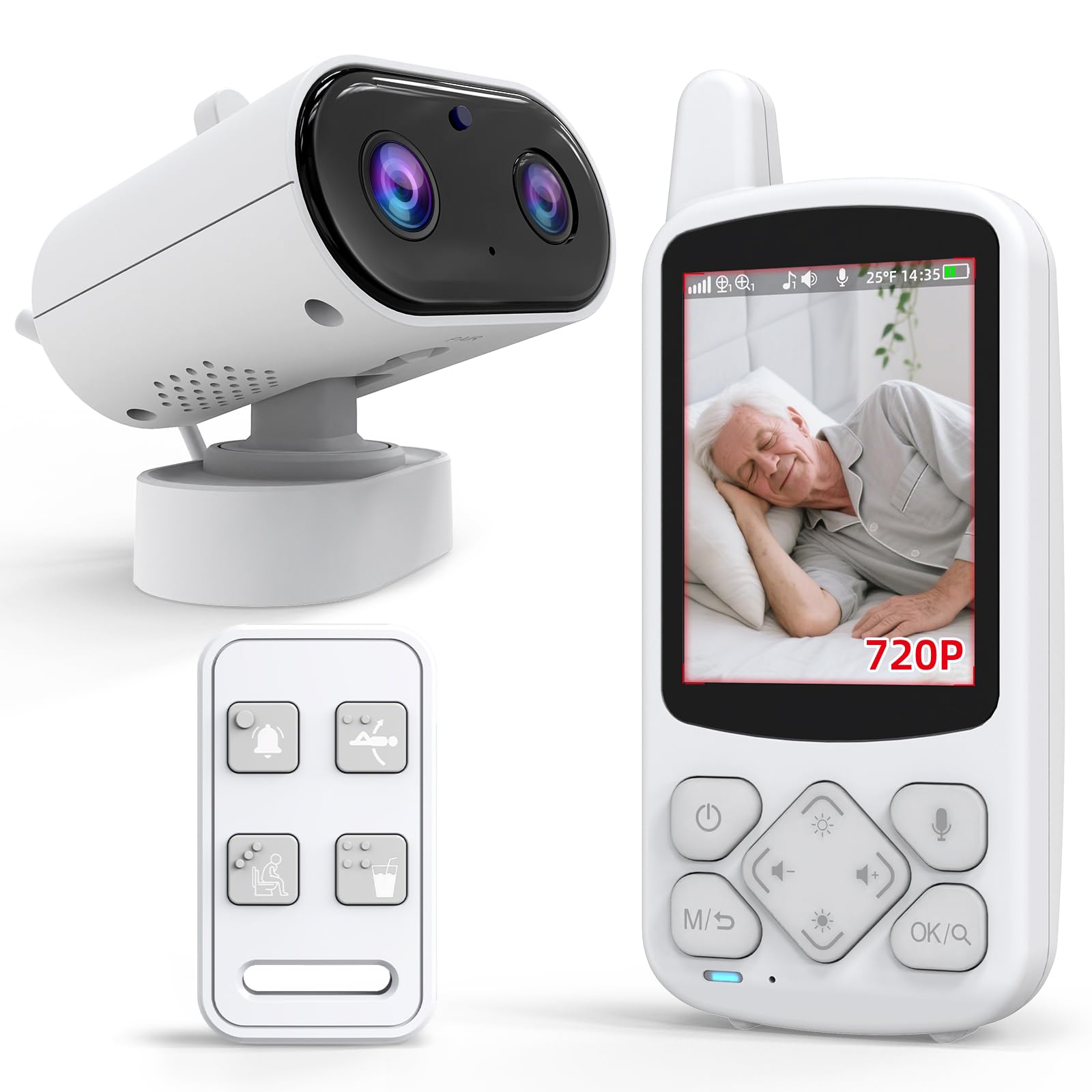 CallToU Cámara de vigilancia giratoria para personas mayores con audio bidireccional, vigilabebés para personas mayores, no requiere wifi, con recordatorio de medicamentos y control de temperatura