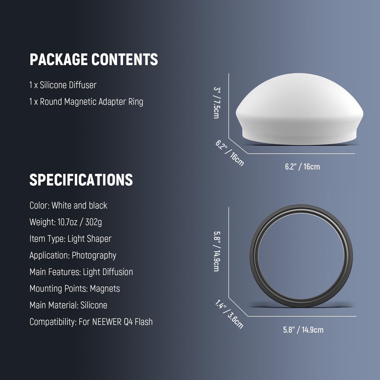 NEEWER Diffuseur en Silicone avec Anneau Adaptateur Magnétique pour Flash Q4&Q6 pour Extérieur, Speedlite Modificateur de Lumière pour Portraits, Photographie Produit, Mariage, Commercial, CRS10