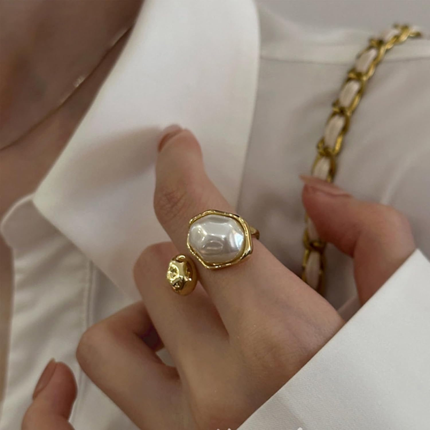 Baroque Pearl Open Ring, 14K Gold Plated, Adjustable, for Women