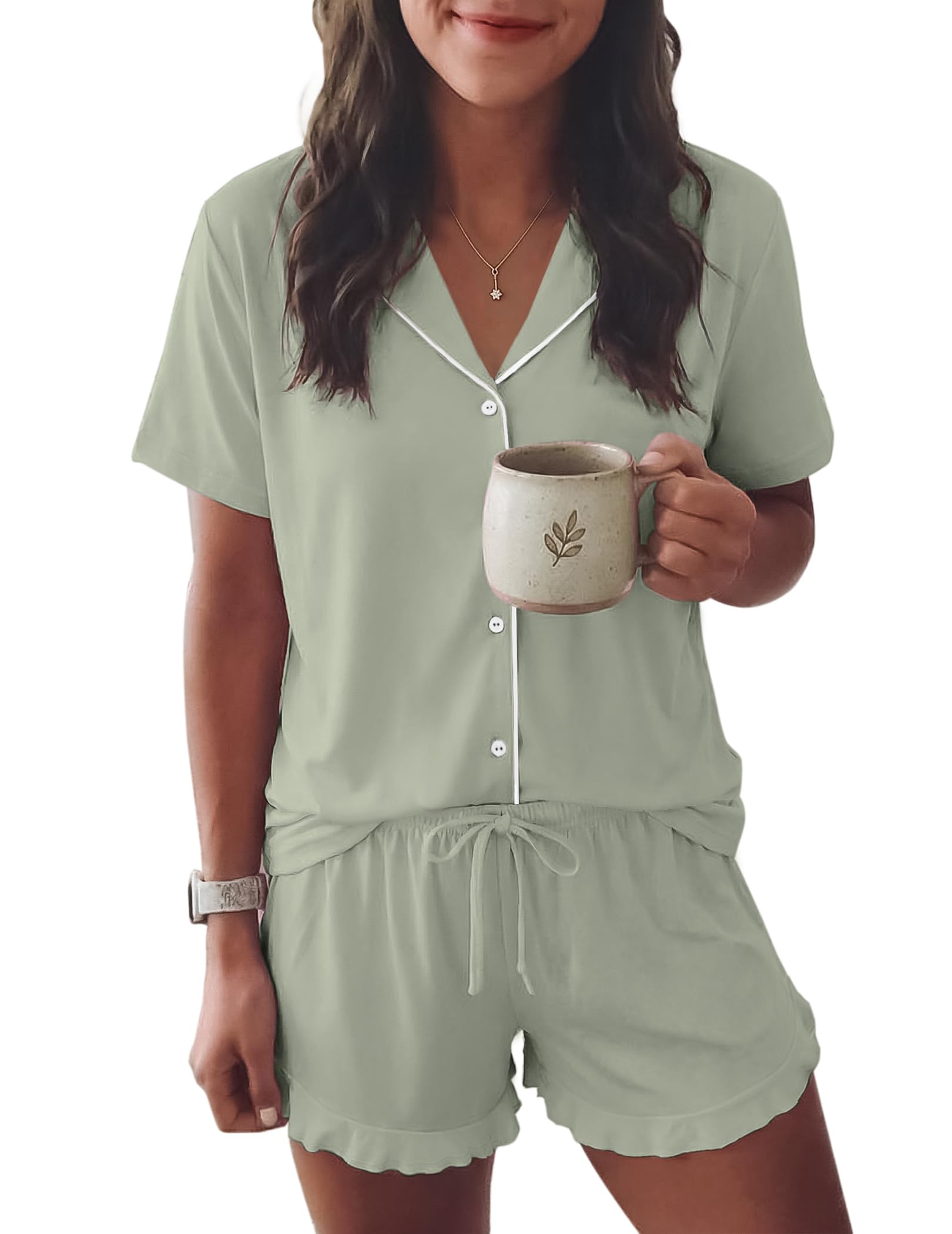 Ekouaer Womens Pajama Sets Button Down Short Sleeve Top and Shorts Cute Pjs Sets Sleepwear
