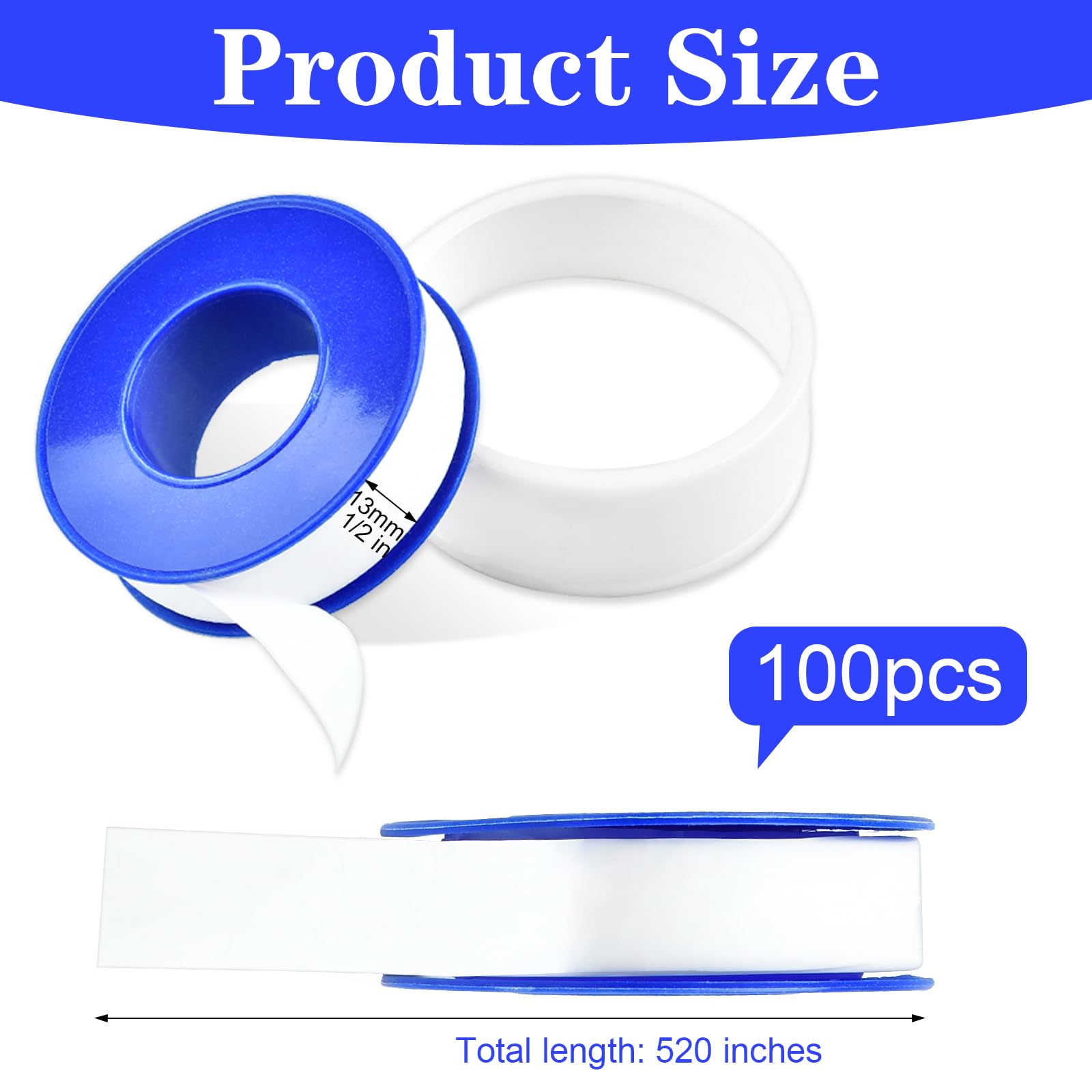 Lot de 100 rouleaux de ruban adhésif en téflon - 1,3 x 1,3 cm - Ruban adhésif étanche en PTFE pour pommeau de douche, réparation de tuyau, ruban fileté, blanc