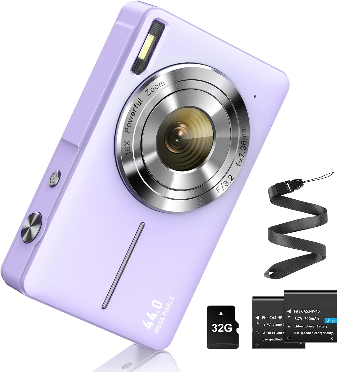 Digital Camera 44MP Photo Camera FHD 1080P Camera with 32G Card 16X Digital Zoom Digital Camera with Battery Portable Simple Digital Camera for Children Students Teenagers Beginners Seniors (Purple)