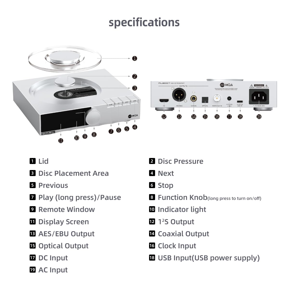 SMSL PL200T Hifi CD Trasportatore, Supporto ingresso USB, Uscite AES/EBU/I2S/Ottica/Coassiale, Lettore con decodifica MQA, Lettore CD per impianto stereo domestico con telecomando