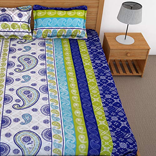 Image of Story@Home 120 TC 1 Bedsheet for Double Bed Cotton with 2 Pillow Covers, Paisley Pattern, Blue & Green
