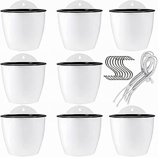 JAPCHET 8 Pack 7 Inch Self Watering Hanging Planters, Wall Hanging Plastic Planter Pot with 8 Hooks, Lazy Flower Pots for Indoor Outdoor Window Wall Plants, White