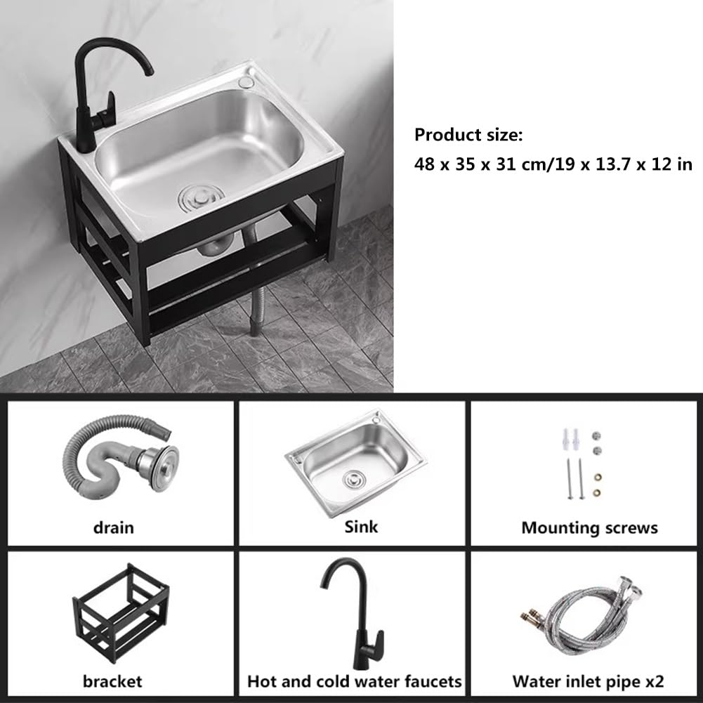Lavello da Cucina,lavello Parete,lavabo in Acciaio Inox con Supporto Lega di Alluminio per Lavanderia,Garage,Officina (48x35x31cm)