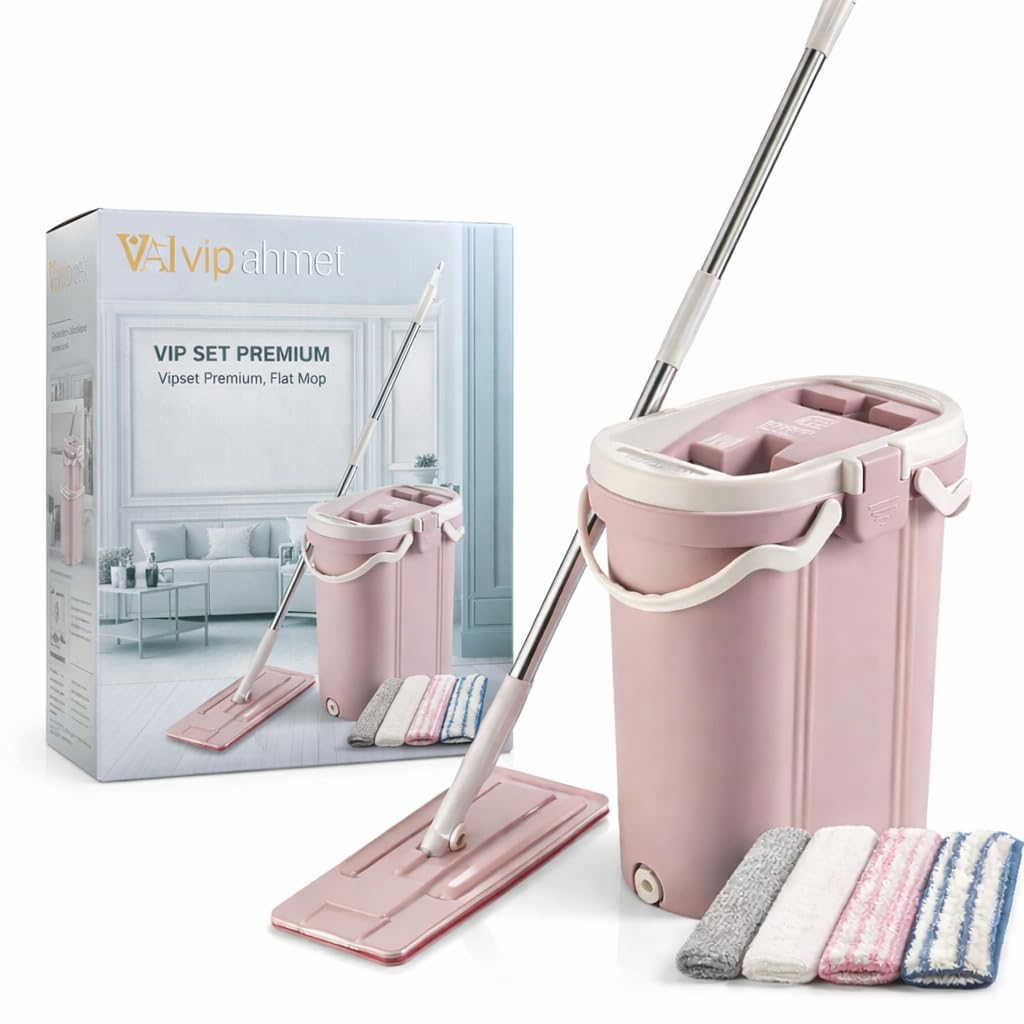 VIP Ahmet Bodenwischer Set mit Eimer zur Trennung von Schmutzwasser - 3-Kammern Flachmop System - 14 Liter mit 4 Ersatzpads aus Mikrofaser für alle Bodenarten VPS-500