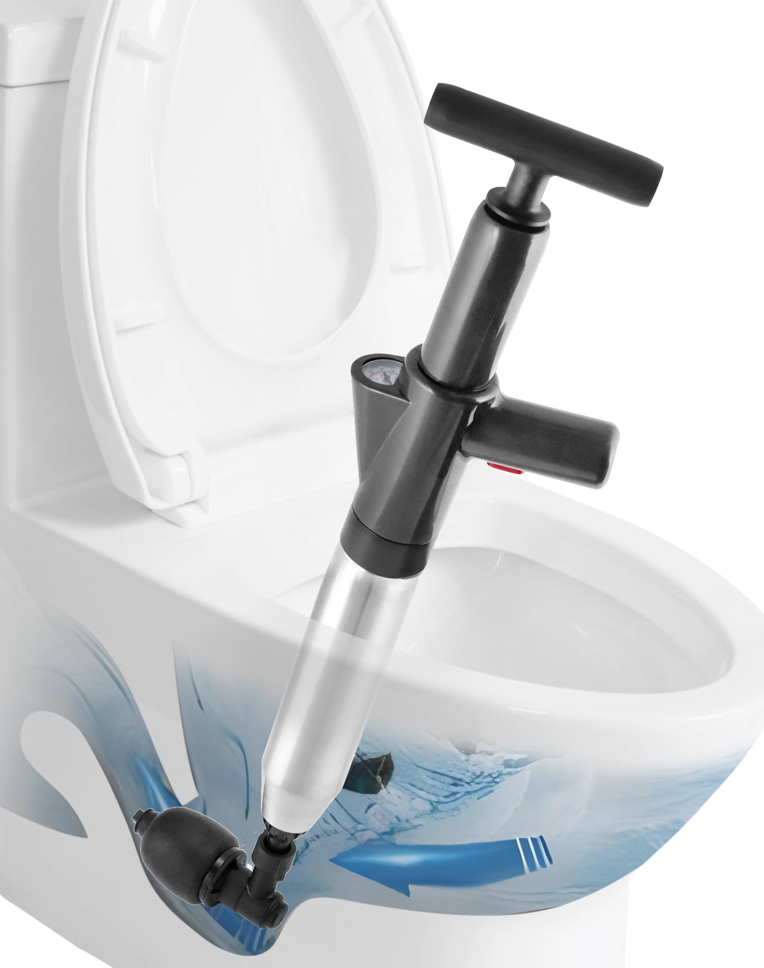 QWORK® Zestaw tłoka toaletowego, tłok wysokociśnieniowy do udrażniania z manometrem ciśnieniowym do udrażniania toalety/zlewu/odpływu podłogowego/zatkanej rury, zawiera 4 wymienne głowice, czarny