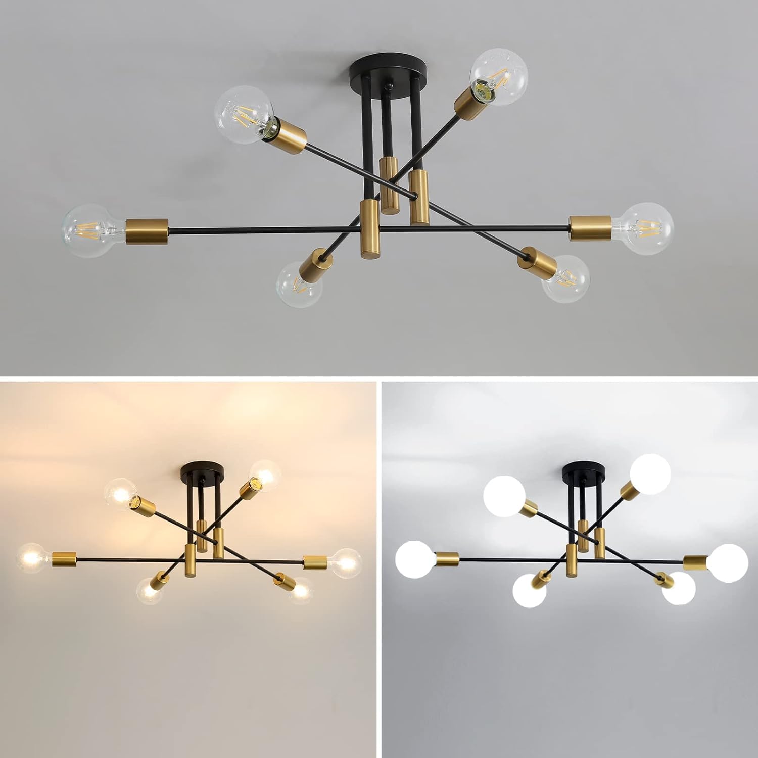 Comely Lampadario Sputnik, 6 Luci E27 Plafoniera Soffitto Vintage in Metallo, Lampadario da Soffitto Moderno Regolabile di 180° per Camera da letto Soggiorno Loft Cucina, Diametro 72CM