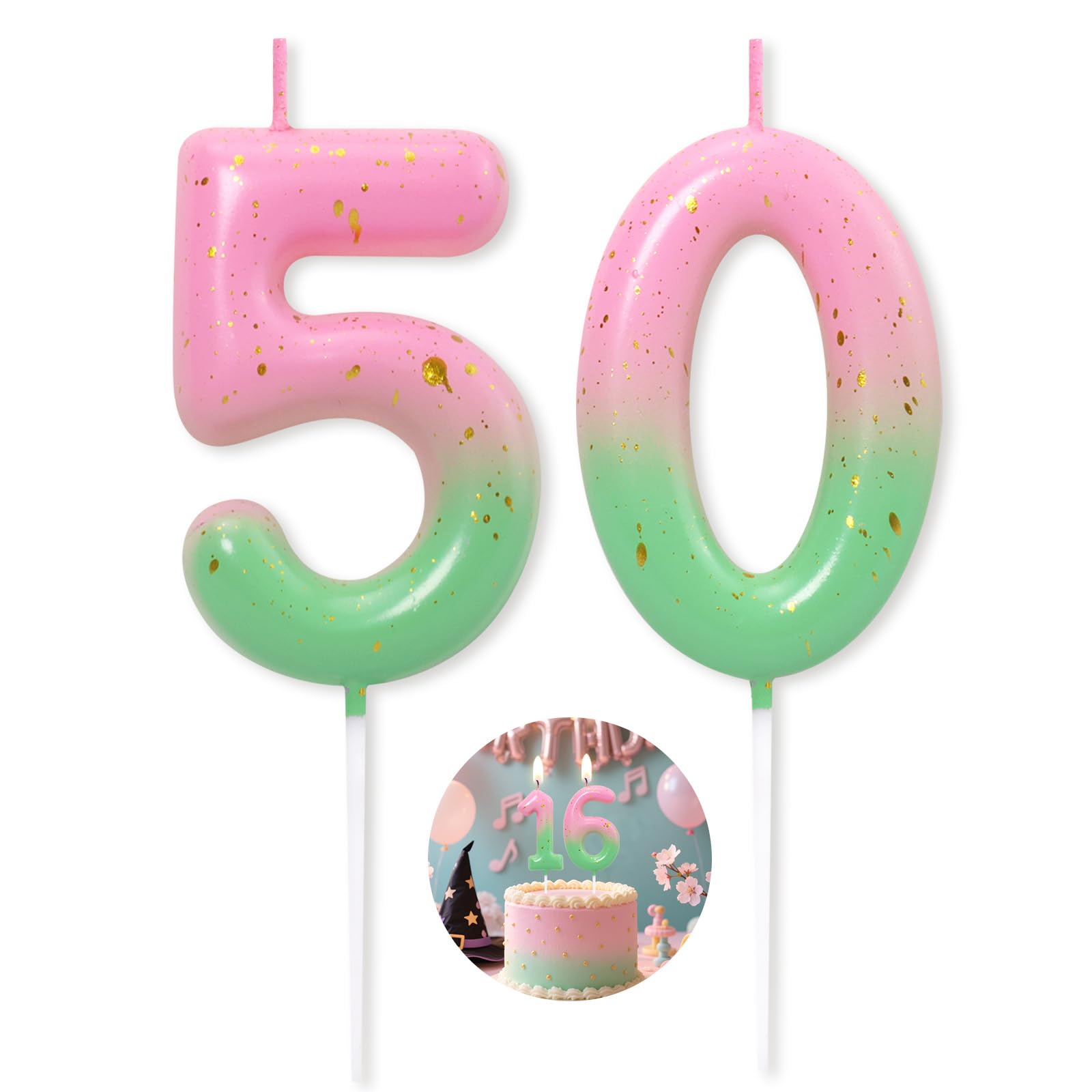 Pink Green Number 50 Candle Happy Birthday 3D Number Candles for Birthday Cake Party Decoration Wedding Anniversary Celebration Supplies