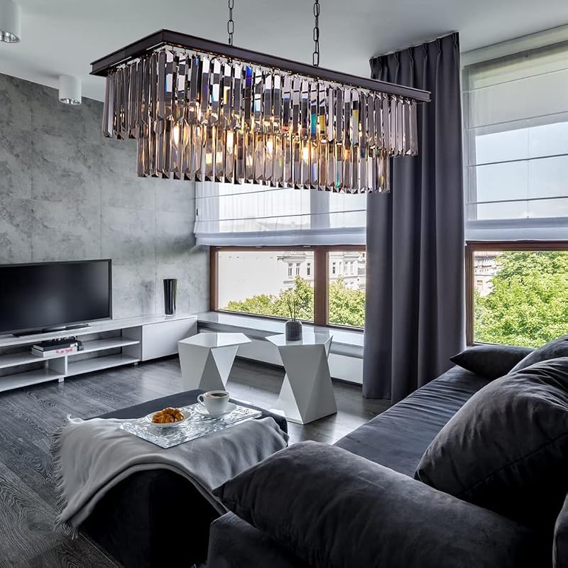 Wellmet Modern Kristály Csillár - 9 Izzós Füstszürke Üveg Függőlámpa, 89 cm Téglalap Alakú Mennyezeti Lámpa Nappaliba, Étkezőbe