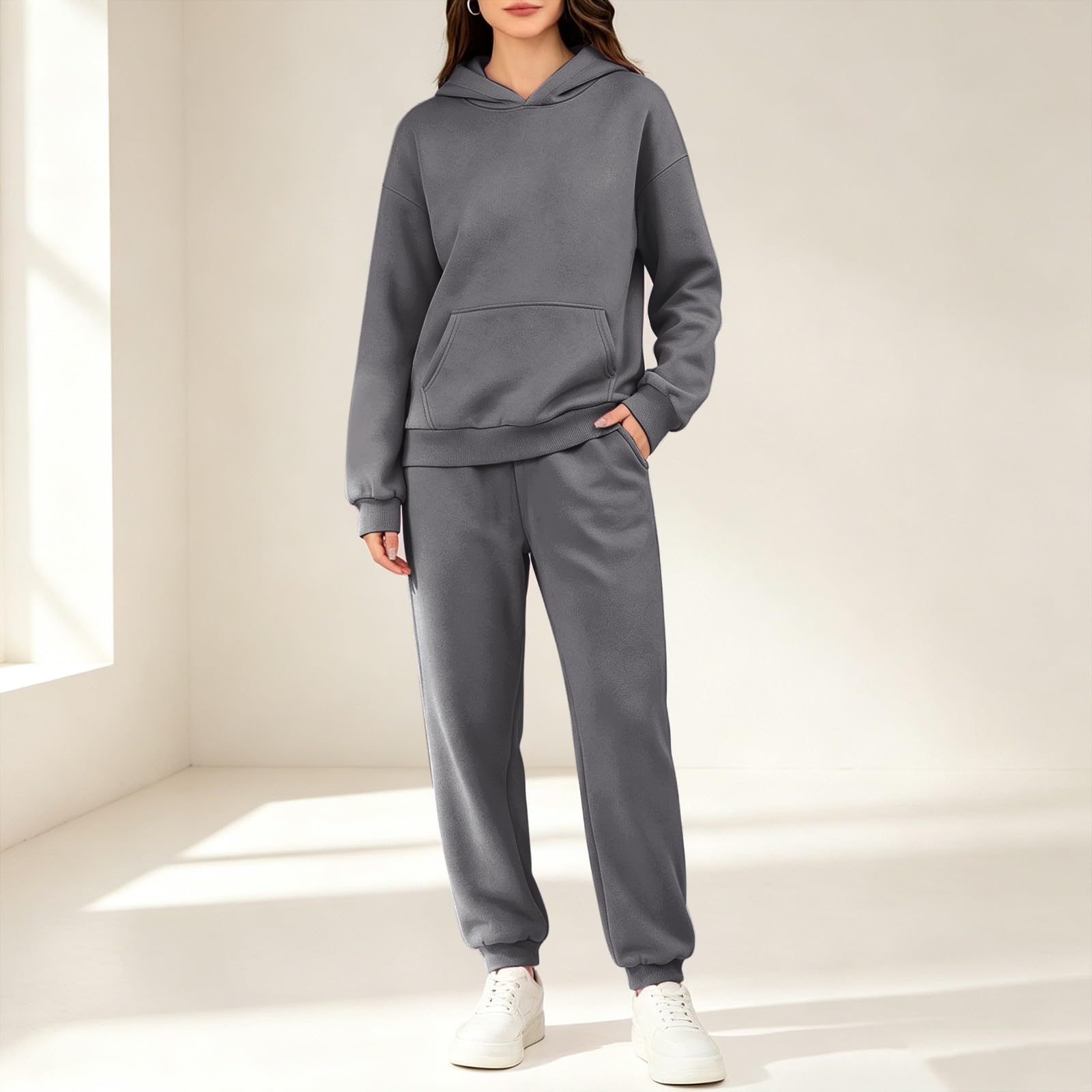 Ensemble de sport pour femme - Pantalon long - Survêtement pour femme - En | Sweat à capuche doux et confortable - Taille haute - Couleur unie - Pantalon de fitness - Streetwear