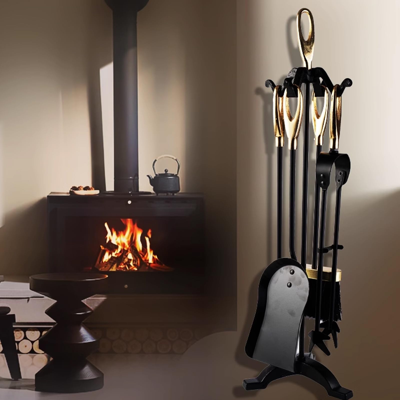 Juego de herramientas para chimenea con soporte, atizador de hierro forjado duradero, pala, cepillo y pinzas para un mantenimiento eficiente y seguridad de la chimenea