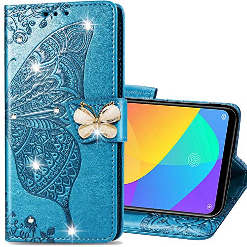ZYZX Samsung Galaxy A71(5G) 3D Butterfly Flower Wallet Case, Leather Flip Phone Shell w/Credit Cards Slot Shockproof Magnetic Protective Cover for Samsung Galaxy A71 5G HZD(Rhinestone Blue)